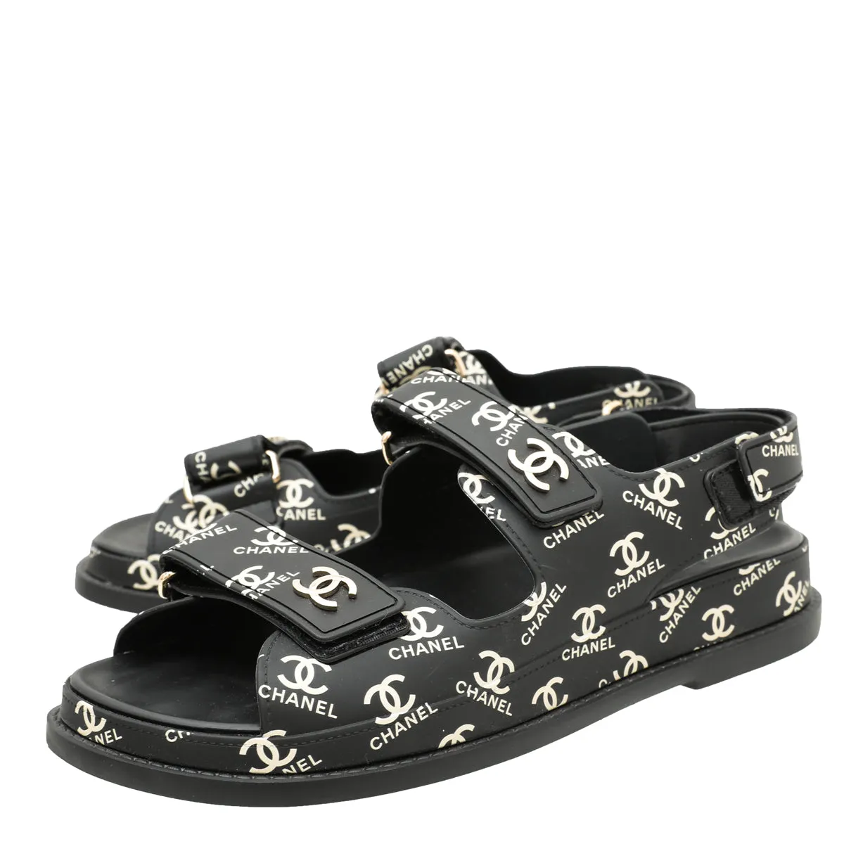 Chanel Black CC Dad Logo Print Sandals 38