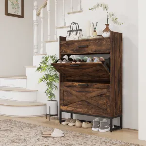 versatile Narrow Shoe Cabinet with 2 Flip Doors and Top Drawer, Gray